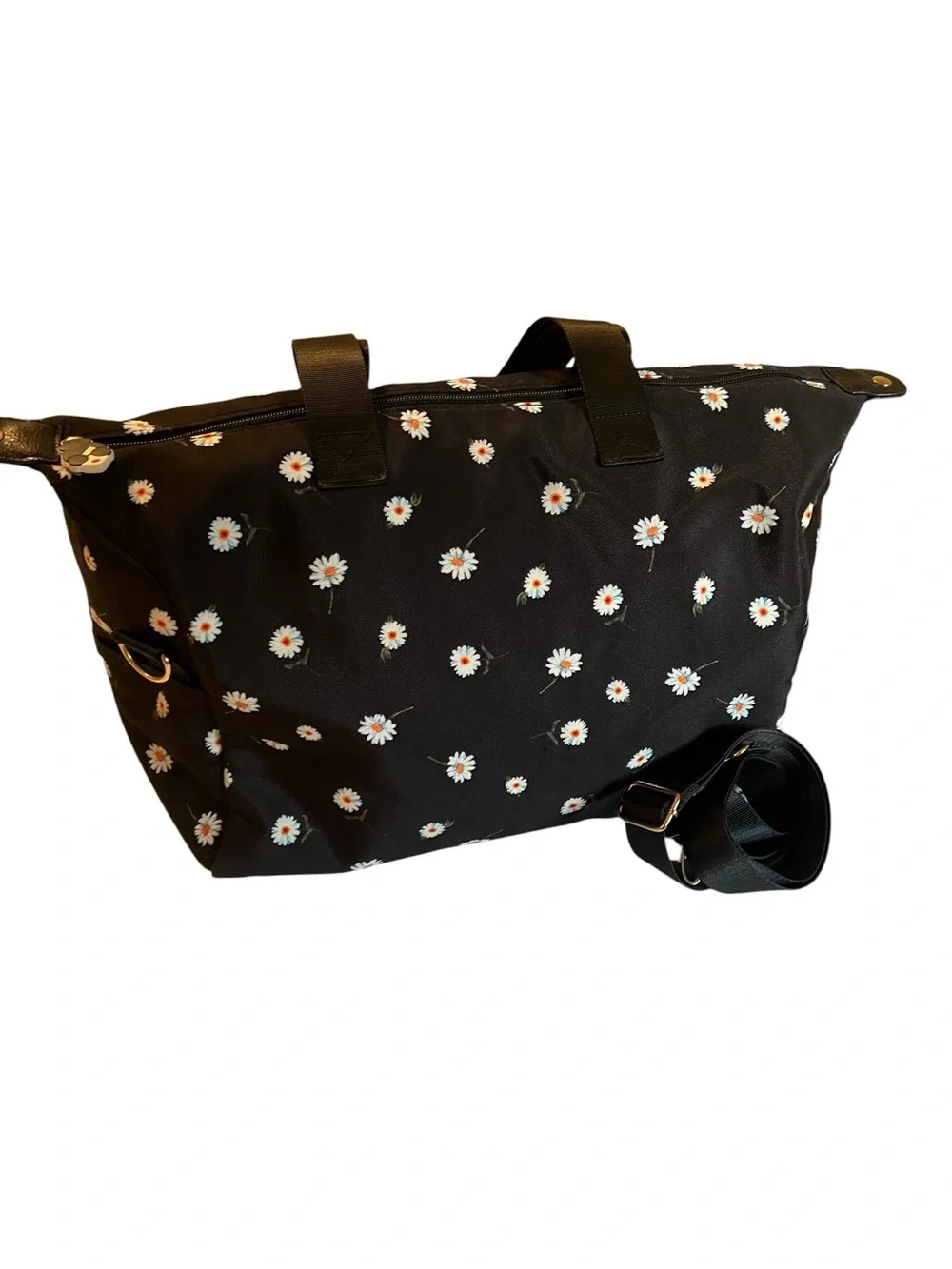 Alice + Olivia Daisy Print Duffel Bag Black Weekender Travel Tote - Like New